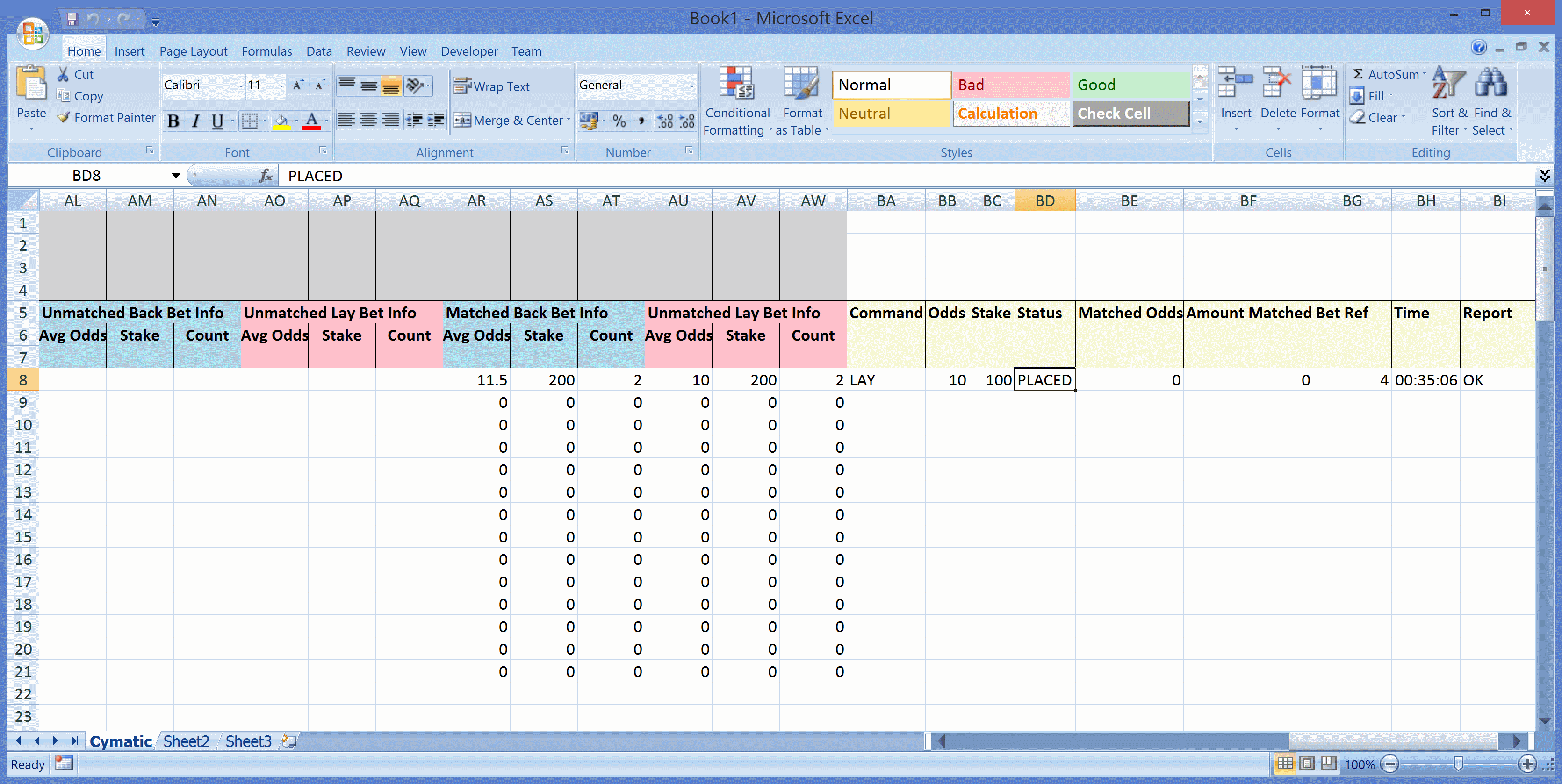 Columns in Excel containing Bet Summaries, Trigger Command and Reports