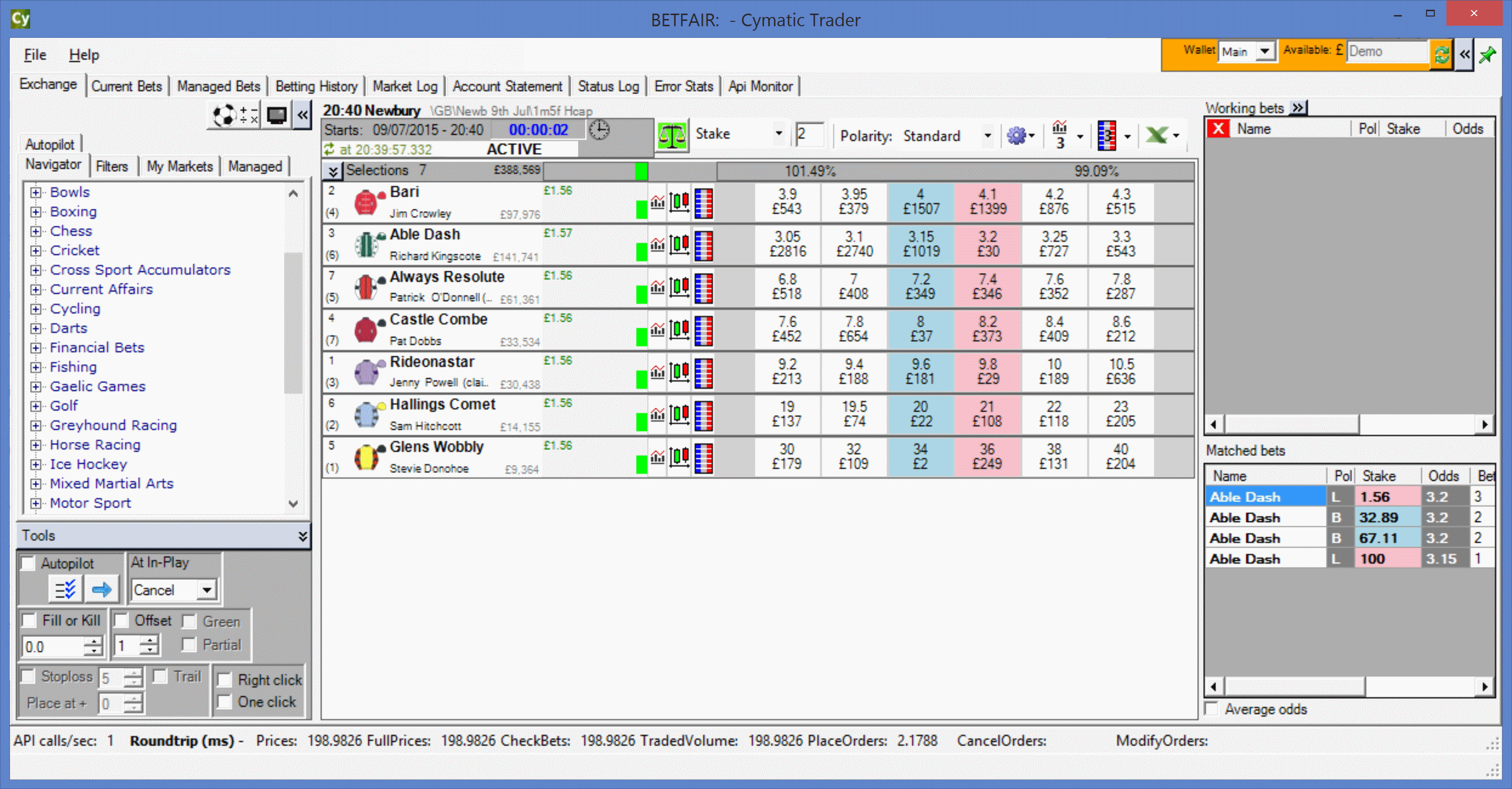 Screenshot of Exchange View (Grid) Interface for Advanced Cymatic Trader, for Betfair.